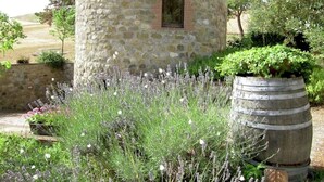 Un bâtiment en pierre doté d’une fenêtre, entouré de verdure et d’un tonneau.