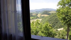 A window view of a valley with rolling hills and dense forests. - Rural Retreat in Sassoleone (Casalfiumanese)