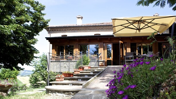 A stone staircase leading to a wooden house with a tiled roof, surrounded by greenery and purple flowers. - Rural Retreat in Sassoleone (Casalfiumanese)