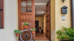 A cobblestone entrance with a wooden door, potted plants, and a mailbox.