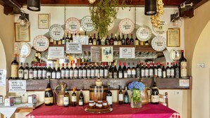 A wine tasting room with a long table covered in a red and white checkered tablecloth, displaying various wine bottles and a selection of cheeses. - Farmhouse in Verbania With Lake Views (Verbania)