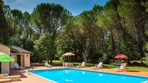 Piscina con sillones de descanso y sombrillas, rodeada de árboles.