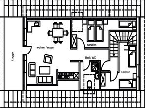 A hotel layout with a living area, bedrooms, a bathroom, and a kitchen. - Holiday Home in Germany With Garden Terrace (Brakel)