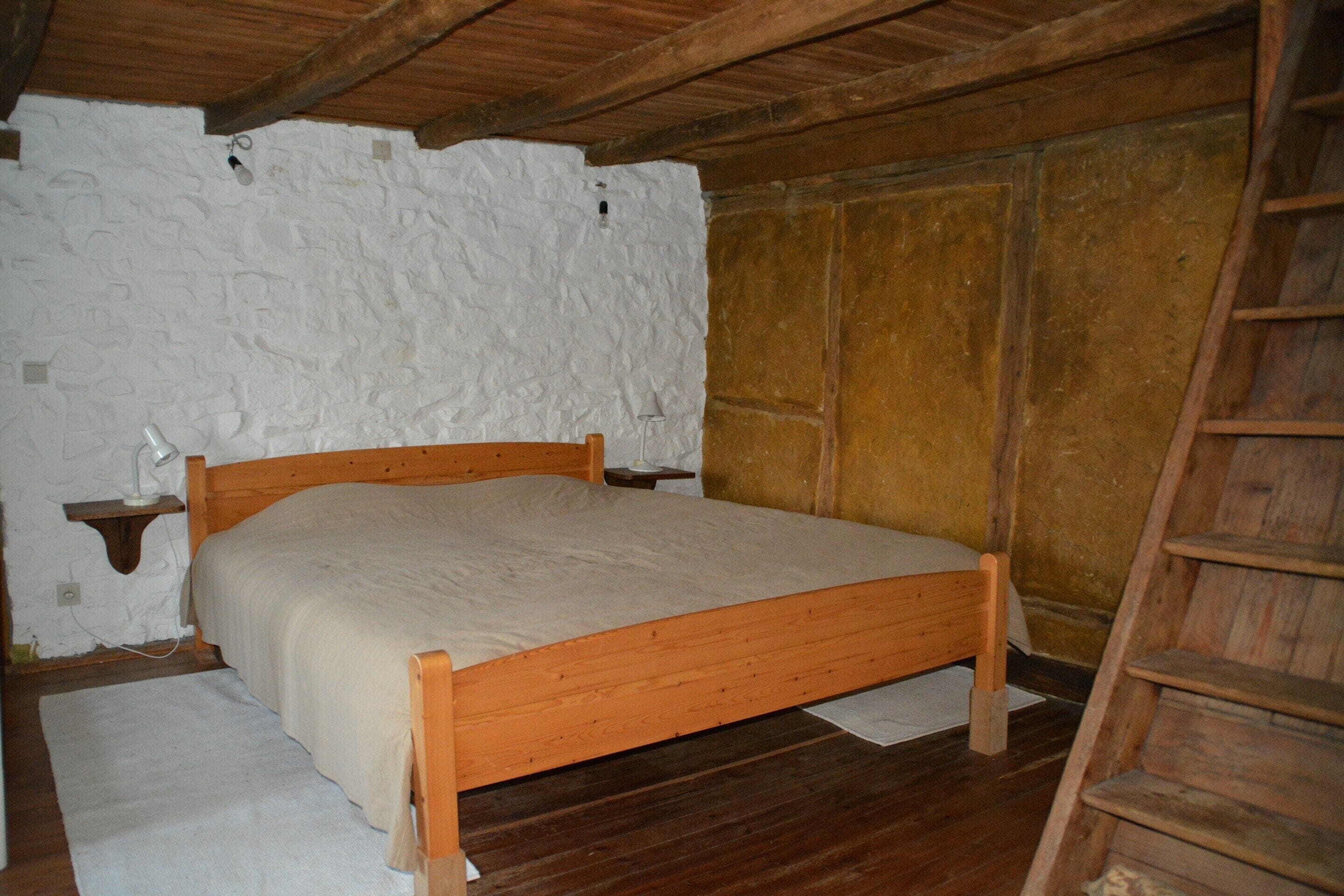 A bedroom with a wooden bed, a nightstand, a lamp, and a ladder against the wall.