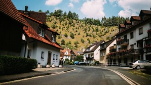 A street with traditional European architecture, a clear sky, and a hillside in the background. - Modish Apartment in Plankenstein near Forest (Plankenfels)