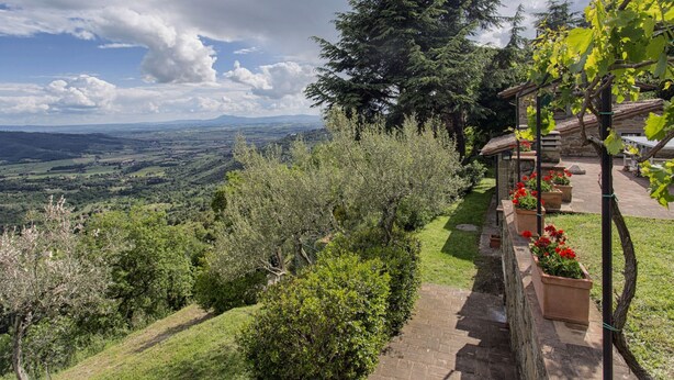 A garden with a stone pathway, potted plants, and a view of the countryside.