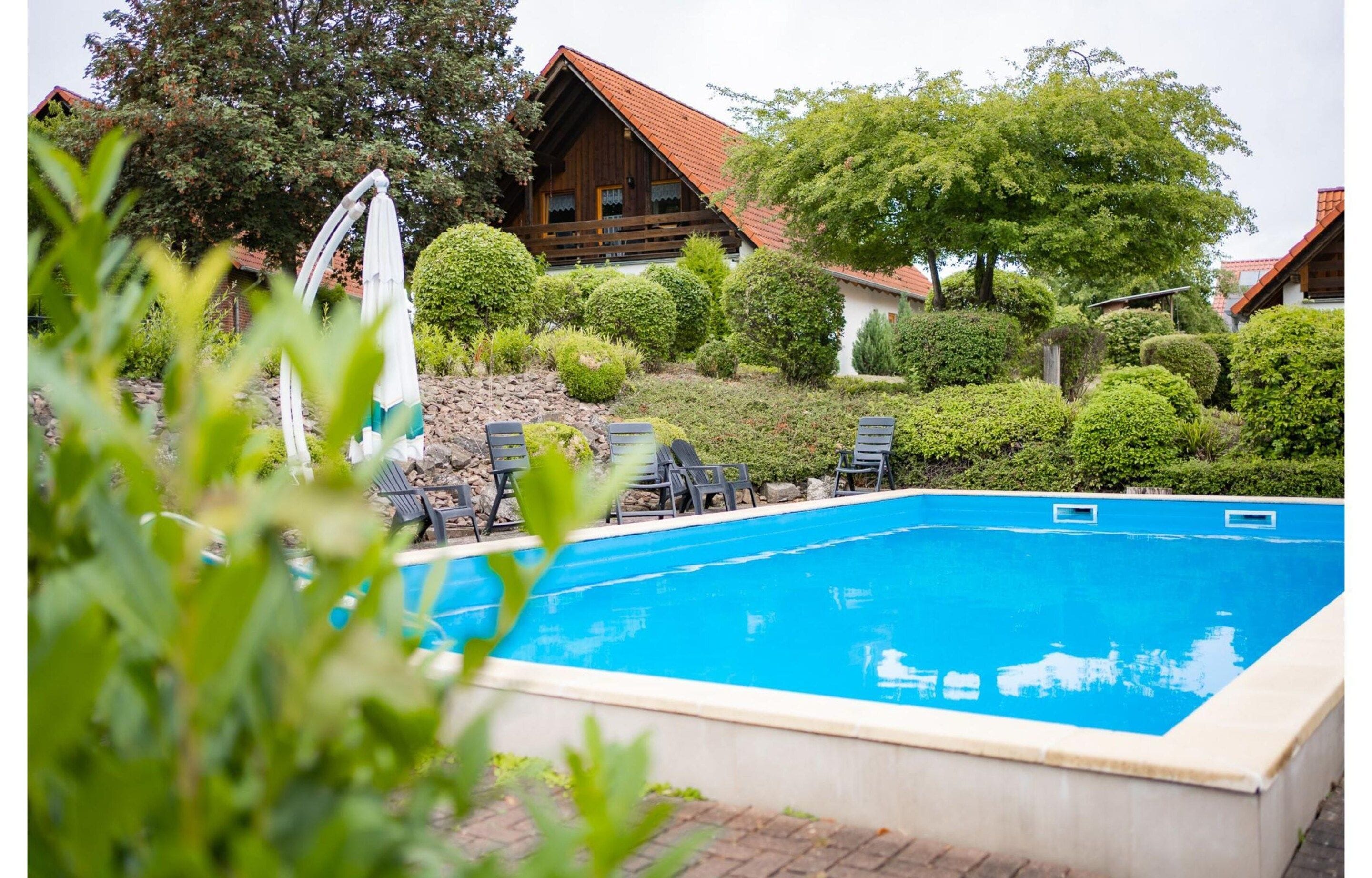Une piscine entourée de chaises longues, bordée d’arbustes et d’arbres bien entretenus, avec un bâtiment en bois en arrière-plan.