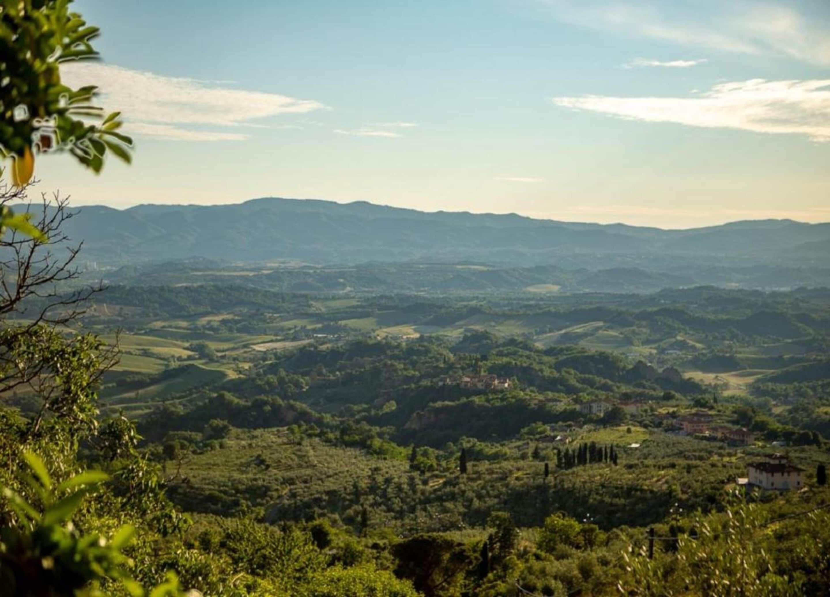 Ein weiter Panoramablick über eine hügelige Landschaft mit verstreuten Gebäuden, vermutlich ein ländliches Gebiet.