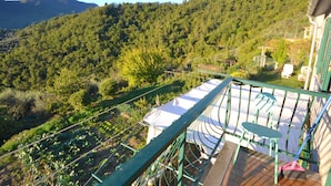 A balcony with a view of a forested hillside. - Small House in the Hills for Beautiful Walks Near the Sea (Stellanello)