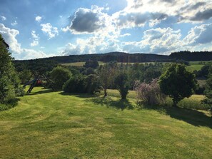 A grassy field with trees and a distant hill. - Apartment With Garden and Sauna Tranquil Area (Schoensee)