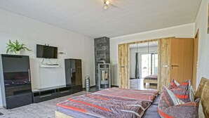 Ein modernes Schlafzimmer mit einem großen Bett, einem Fernseher, einem Kleiderschrank und einem Kamin.