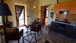 Un salon chaleureux avec une cheminée, un coin repas et une cuisine aux meubles de couleur orange.