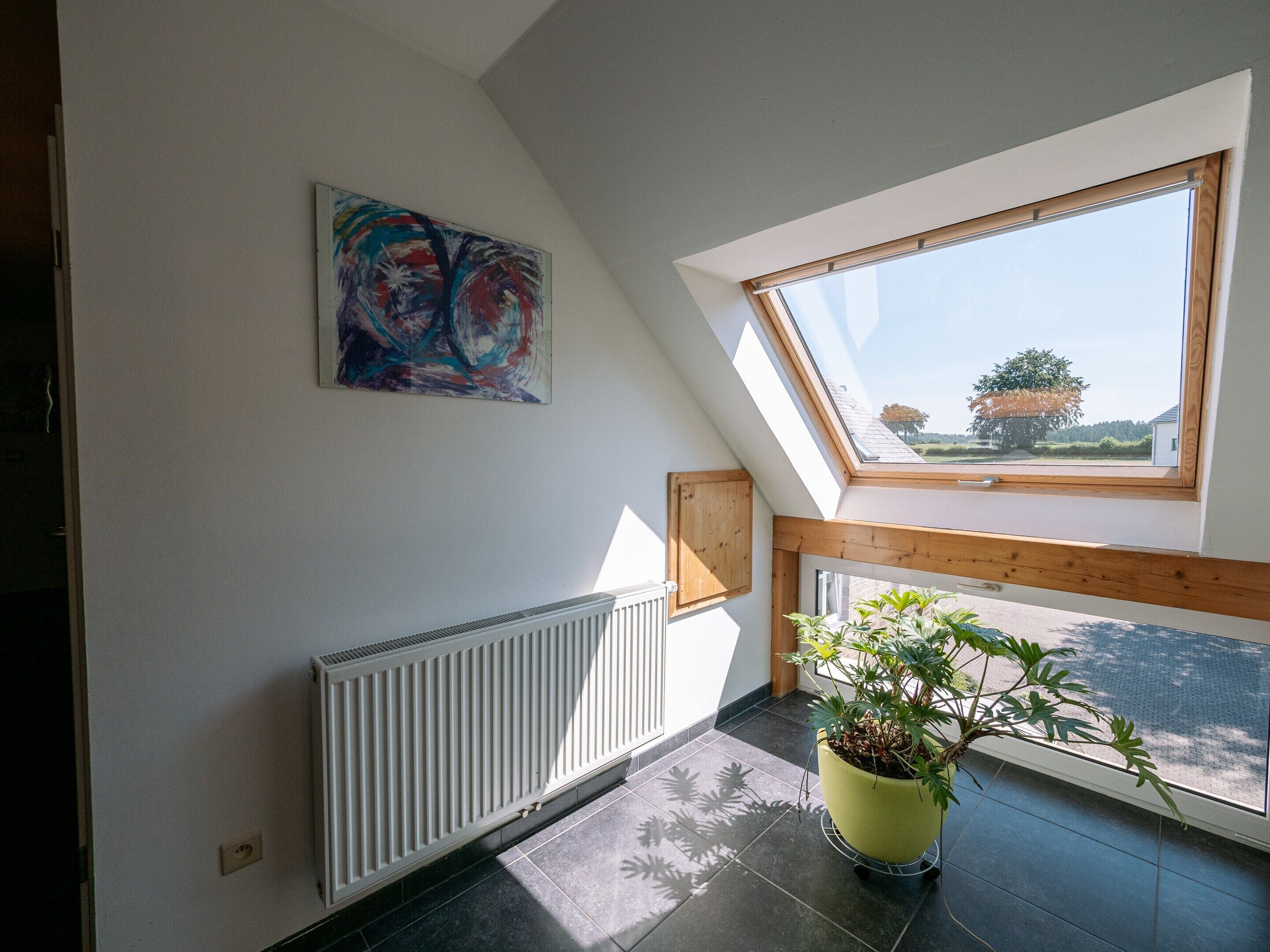 A room with a skylight, a radiator, a potted plant, and a painting on the wall.