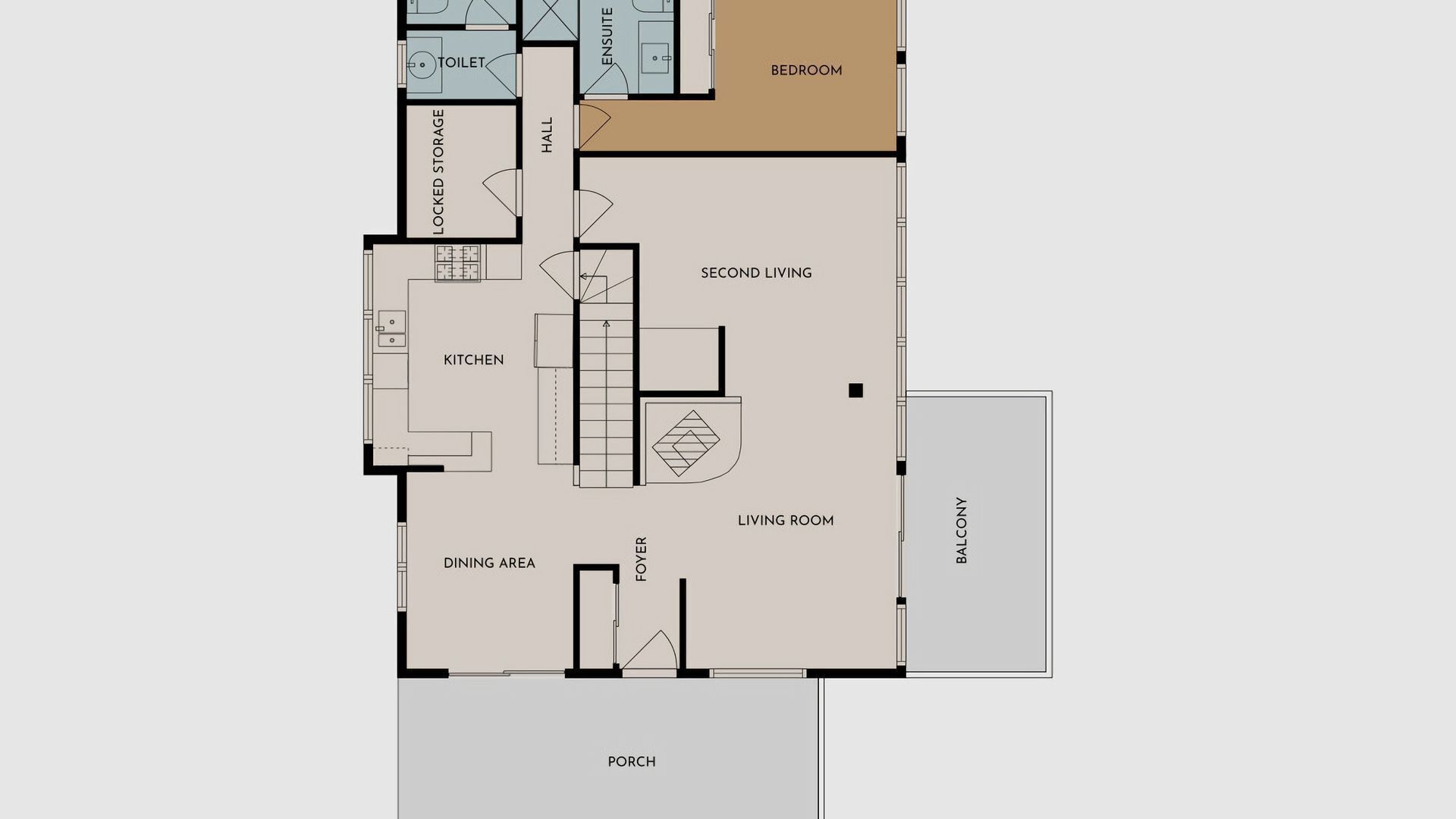 Ein Grundriss mit Schlafzimmer, einem zweiten Wohnzimmer, Wohnzimmer, Essbereich, Küche, abschließbarem Stauraum, Bad, Eingangsbereich, Balkon und Veranda.