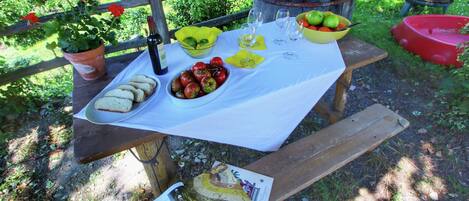 Un montaje para picnic con una mesa dispuesta para dos personas, que incluye pan, tomates y una botella de vino, rodeado de follaje.