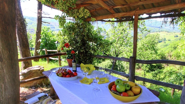 An outdoor picnic setup with a table set for two, surrounded by a wooden fence and lush greenery. - Charming Tuscan Farmhouse (Ortignano Raggiolo)