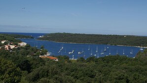 Une ville côtière dotée d’un port de plaisance où sont amarrés de nombreux voiliers, entourée d’une végétation luxuriante et surplombée d’un ciel bleu azur.
