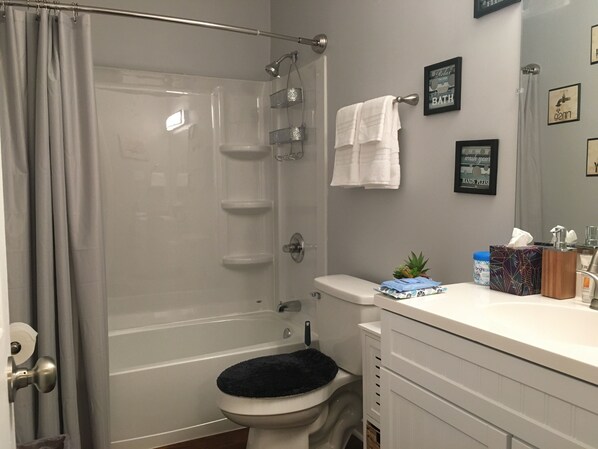 Combined shower/tub, hair dryer, towels