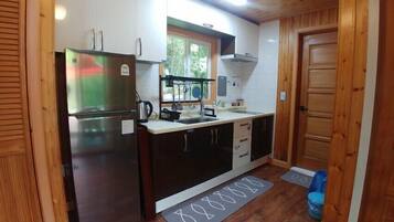 Fridge, microwave, stovetop, electric kettle