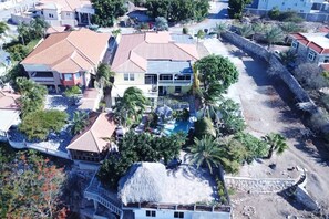 An aerial view of a residential area with multiple houses, a swimming pool, and palm trees.
