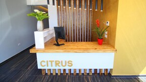 Un comptoir d’accueil portant l’inscription « CITRUS », au design moderne, avec un panneau en bois en arrière-plan, un bureau blanc et deux plantes en pot.