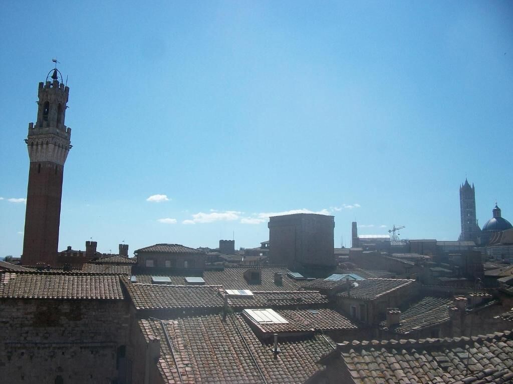 Un pueblo histórico con una torre destacada y un edificio grande con cúpula.