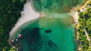 Vista aérea de una playa con aguas turquesas cristalinas, una orilla arenosa y vegetación verde exuberante.