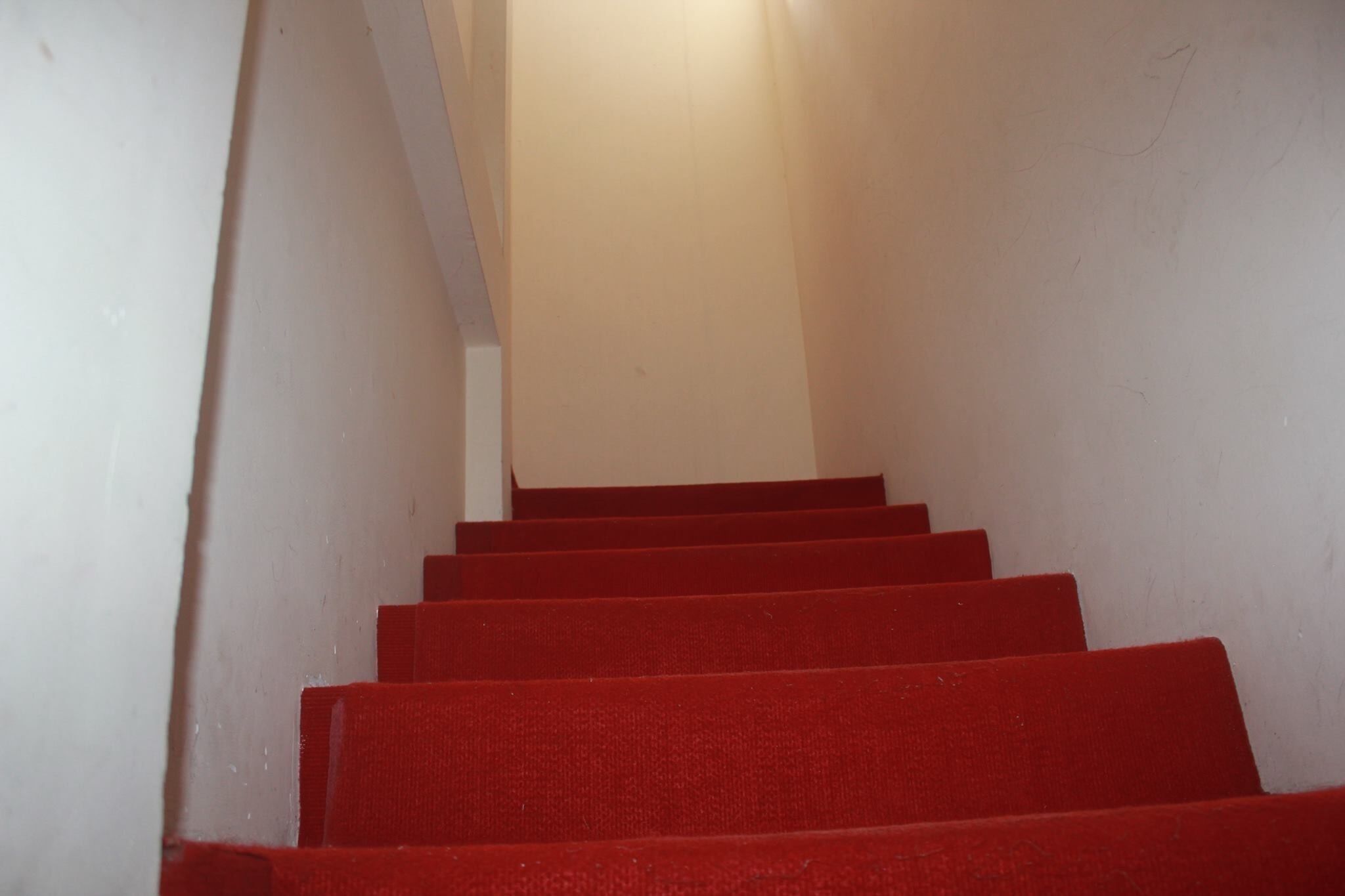 A staircase with red carpeted steps leading upwards.