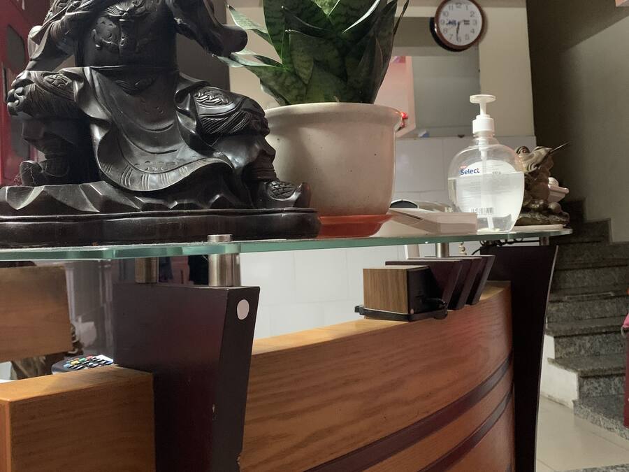 A dining area with a glass-top table, wooden chairs, a potted plant, a clock, and a soap dispenser.