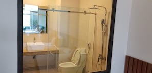 Shower, free toiletries, hair dryer, slippers