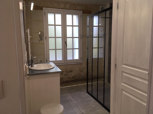 A bathroom with a white sink, a mirror, and frosted glass windows.