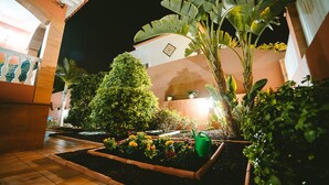Un espace jardin bien éclairé, avec des parterres surélevés, une grande variété de plantes et un grand bananier.