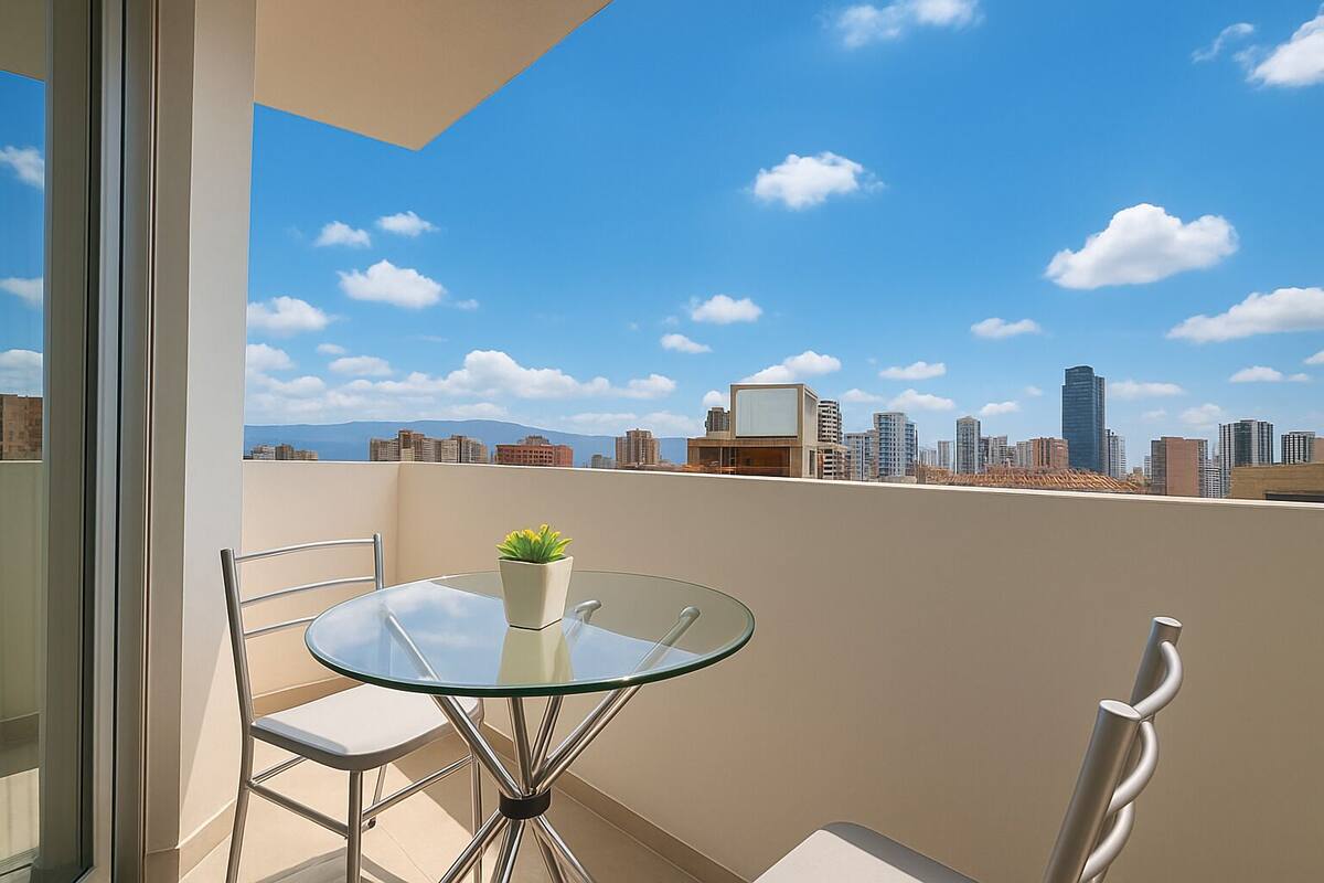 A balcony with a glass table and chairs, a potted plant, and a cityscape view.