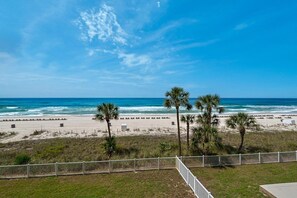 Une vue sur la plage, avec des palmiers, une clôture et un ciel dégagé.