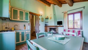 Een keuken met smaragdgroene kastjes, een eettafel met stoelen, een open haard en een televisie.