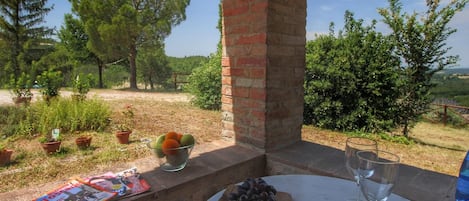 A table with a bowl of fruit, a magazine, and a glass of water on an outdoor patio with a brick wall and a view of trees and hills.