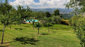 Un paysage verdoyant et luxuriant, avec une piscine et une vue sur des montagnes lointaines.
