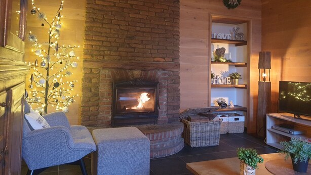 Una sala de estar acogedora con chimenea, asientos cómodos y un televisor.