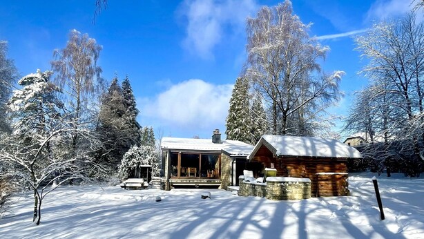 En stuga med en glasfasad, omgiven av snötäckta träd och en klarblå himmel.