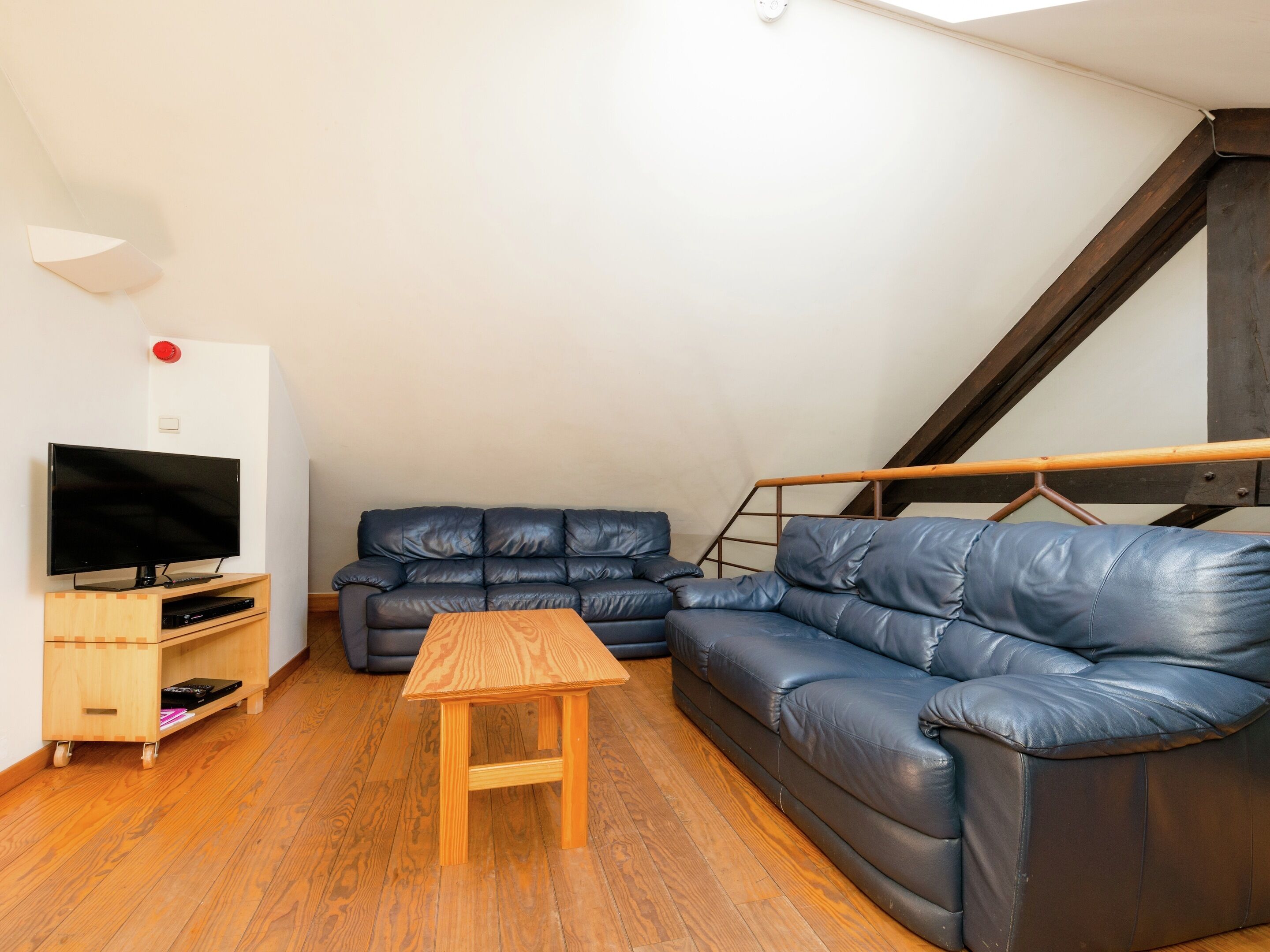 Ein Loft-Wohnraum mit Holzboden, einem Fernseher auf einem Holzständer, einer Couch und einem Holztisch.