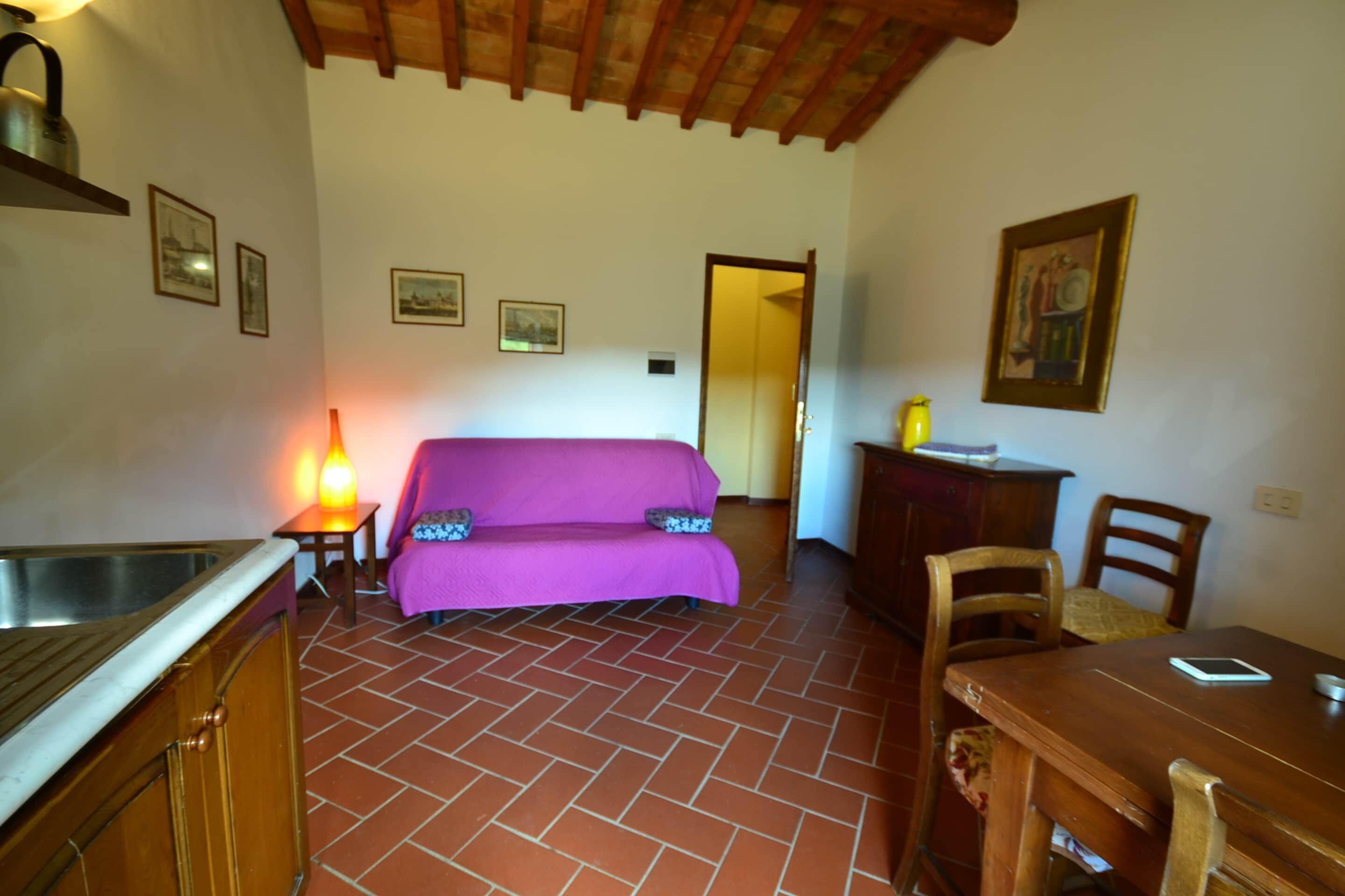 A kitchen with a sink, a purple sofa, a dining table with chairs, and a wooden cabinet.