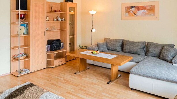 A cozy living room with a grey sofa, wooden coffee table, and a bookshelf with various items. - Splendid Apartment near Ski Area in Medebach (Medebach)