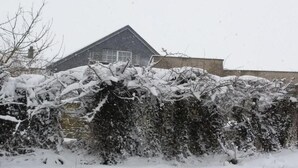 A snow-covered garden with a stone wall and a building in the background. - Panoramic Retreat in Malmedy (Malmedy)
