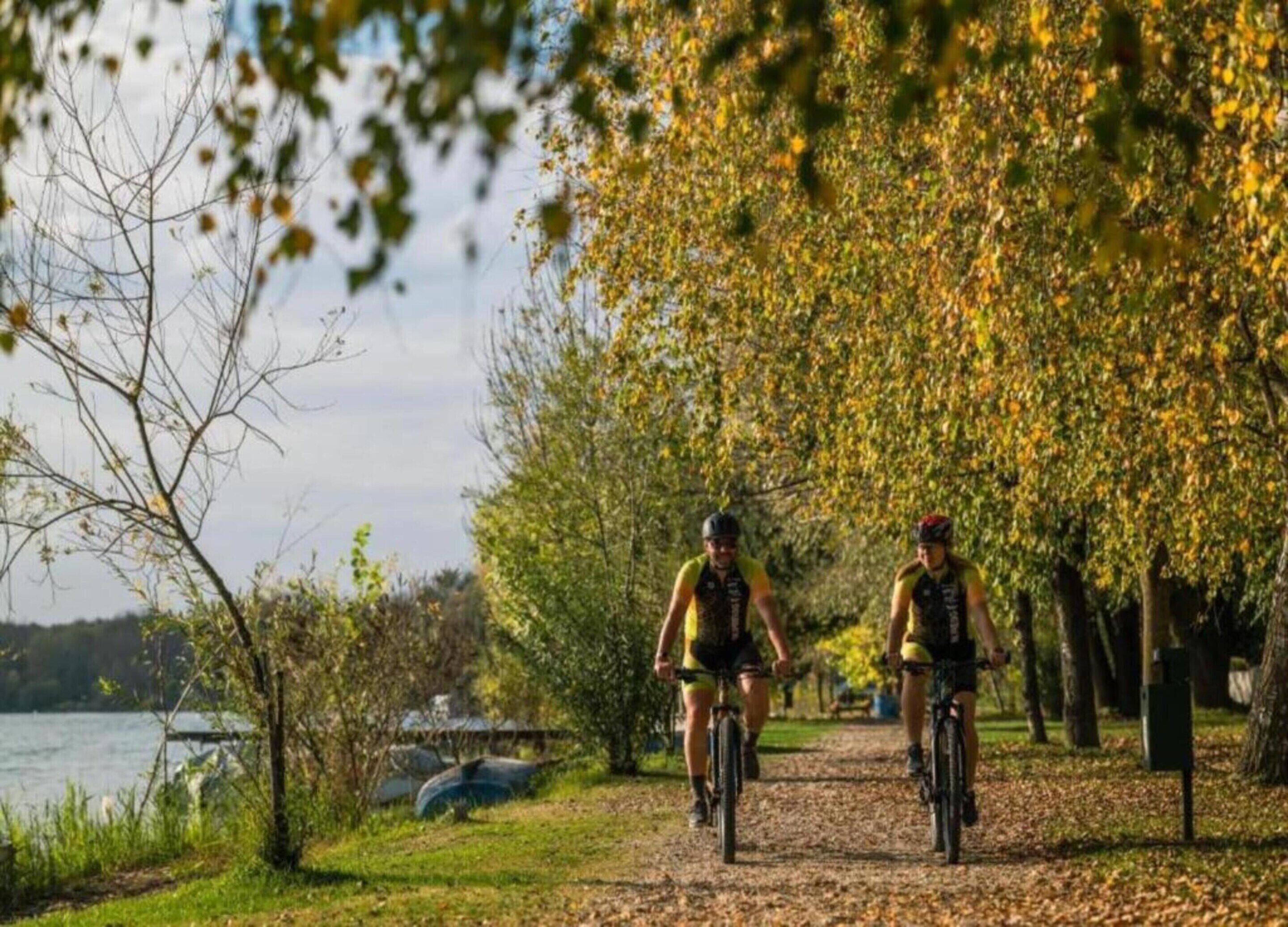 Two cyclists on a leaf-covered path with trees and a body of water in the background.