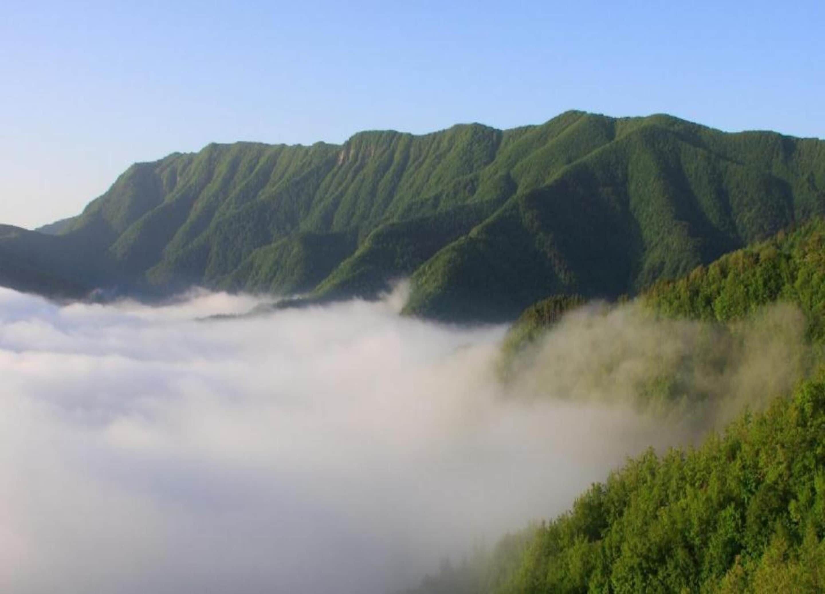 A mountainous landscape with lush green hills and a layer of clouds at the base.