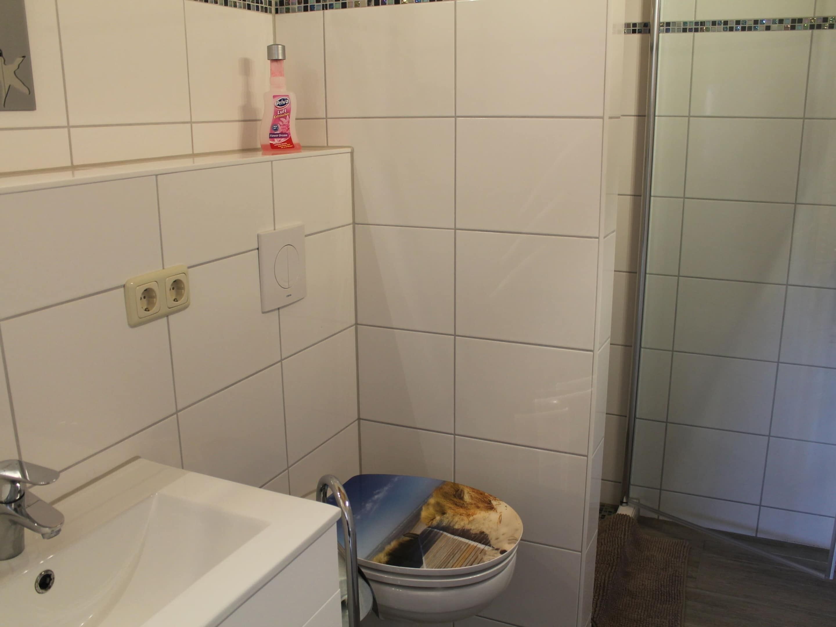 A bathroom with a white sink, a toilet with a blue seat cover, and a shower area.