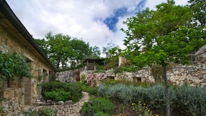 A stone pathway leading through a garden with various plants and flowers. - Villa Solace - Comfort Charm (Guardea)