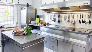 A modern kitchen with stainless steel appliances, a variety of utensils hanging on the wall, and potted plants on the windowsill. - Beautiful Holidayhome With Sauna and Terrace (Harscheid)