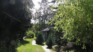 Un sendero en un jardín que lleva a un edificio de techo inclinado, rodeado de abundante vegetación y árboles.