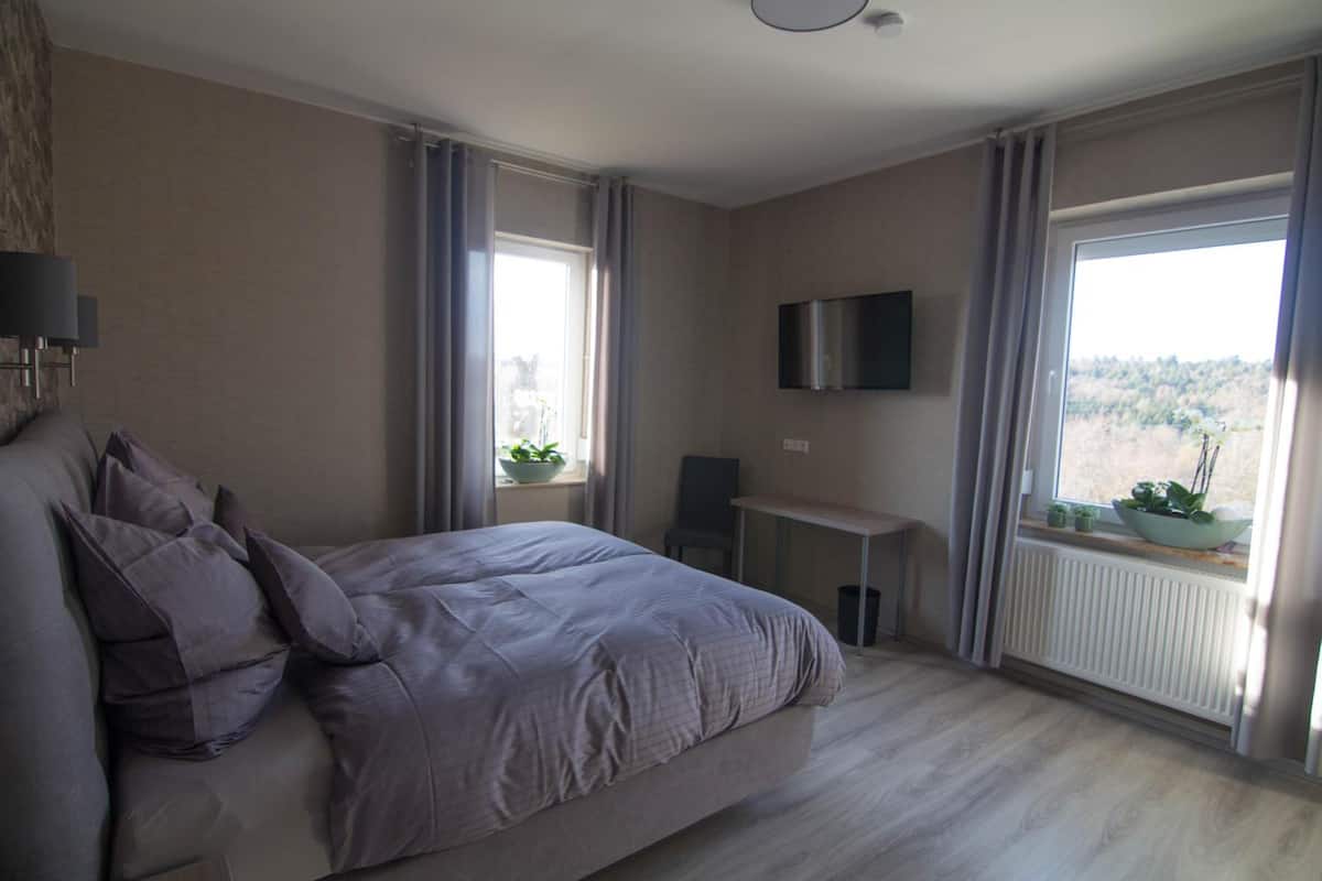 Une chambre moderne avec un grand lit, un téléviseur fixé au mur et une vue sur l’extérieur par les fenêtres.